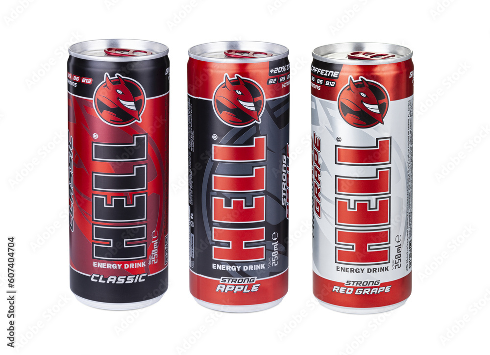 et aluminum cans of HELL classic, strong apple, strong red grape energy  drink isolated on a transparent background Stock Photo | Adobe Stock
