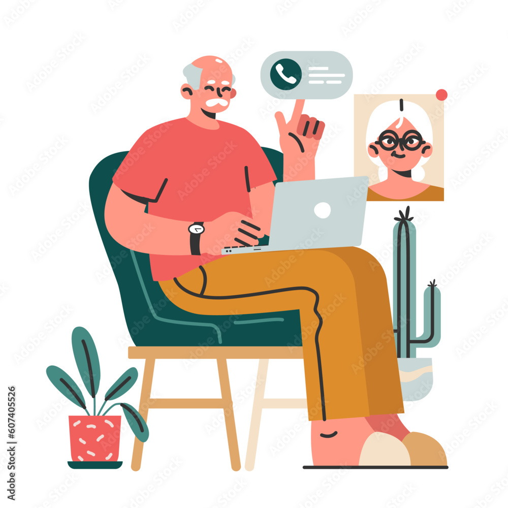 Modern old male character using internet, mobile phone and computer