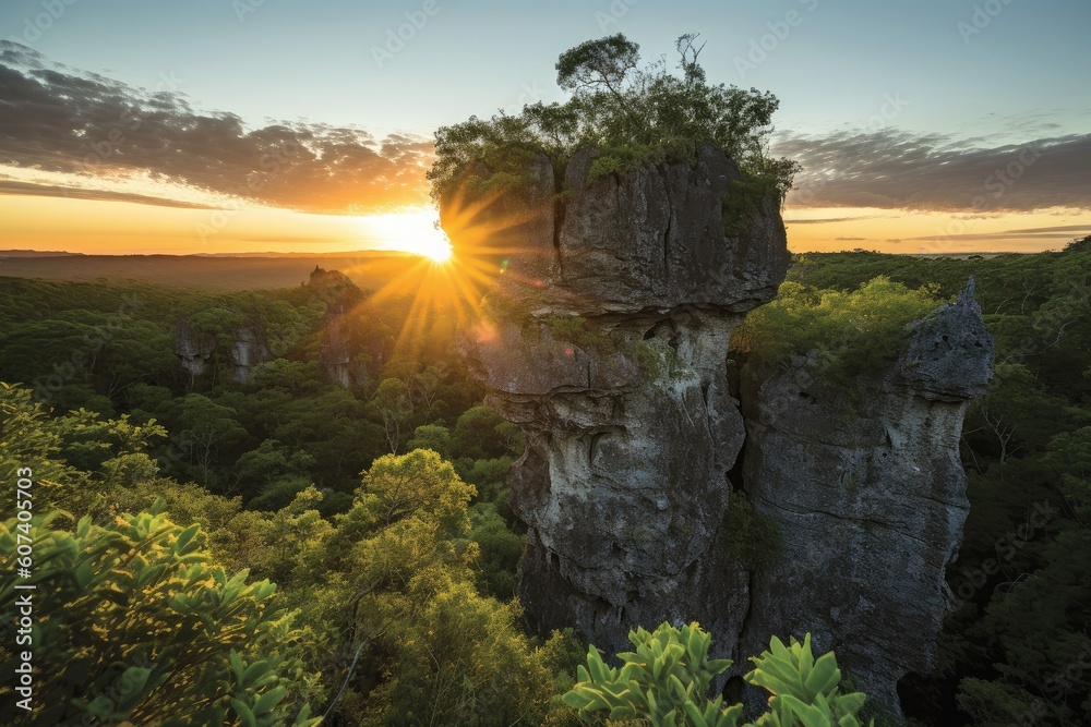 natural rock formation surrounded by lush greenery, with view of the sun rising over the horizon, created with generative ai