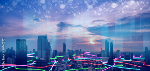 Valokuva Smart city with speed line glowing light trail surround the city