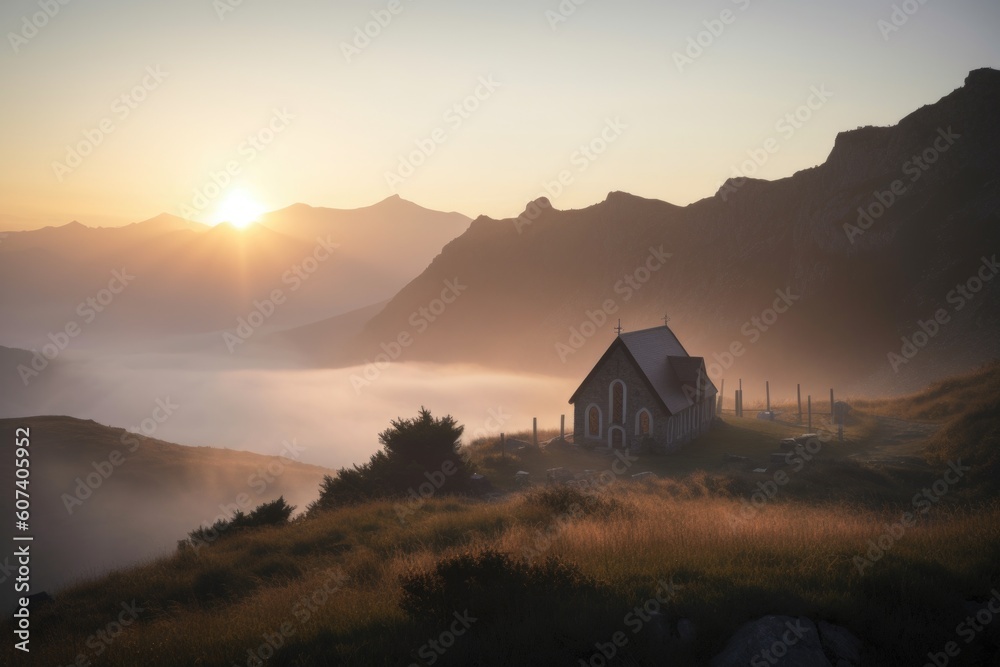 view of chapel surrounded by misty mountains with sunrise in the background, created with generative ai