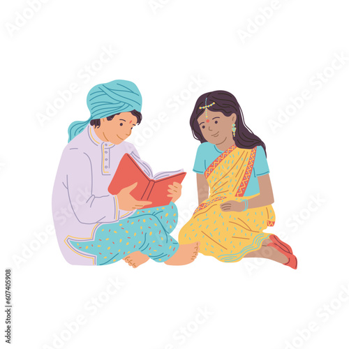 Boy and girl in traditional Indian clothes reading book together flat style