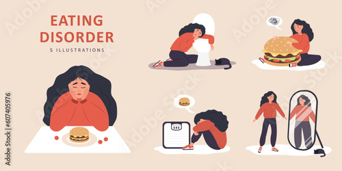 Eating disorder. Sad woman worries about being overweight. Overeating, bulimia, anorexia. Food addiction concept. Rejection of yourself. Set of vector illustrations in flat cartoon style.