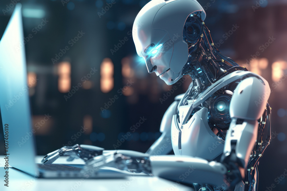 Ai robot using laptop at office background. Technology future concept. Generative ai. Ai robot using laptop at office background. Technology future concept. Generative ai.