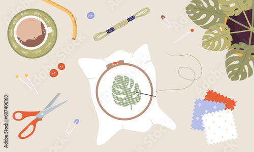 Embroidery process. Workshop, needlework and knitting. Needle and thread. Top view of the workplace. Tailor shop elements. Hand drawn vector illustration in flat cartoon style.
