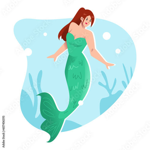 beauty mermaid in the sea. Isolated on sea background, marine plants, seaweed.  cartoon flat vector illustration.
