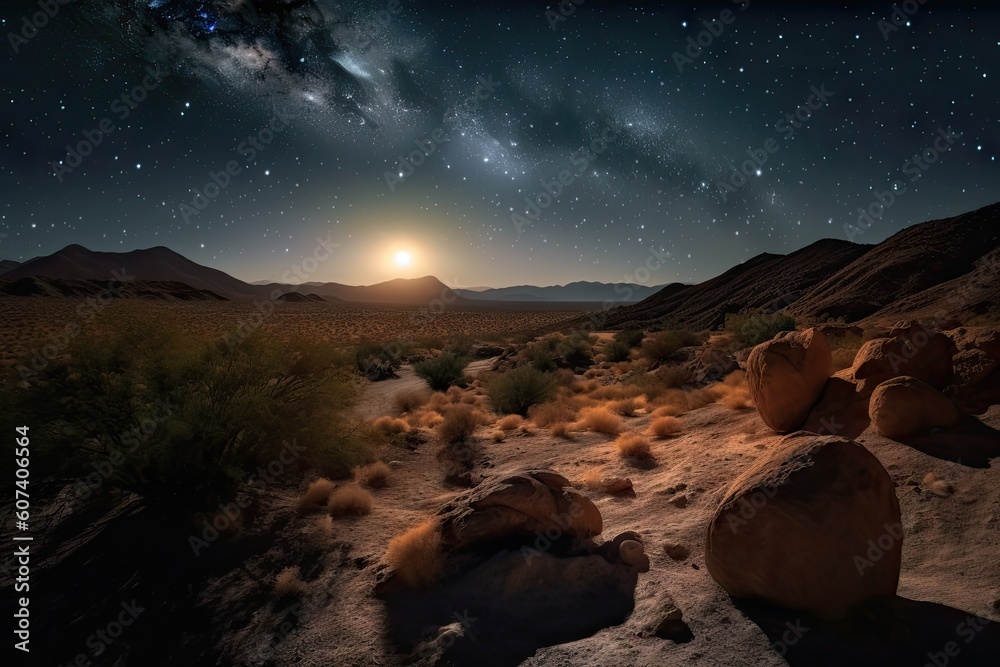 moonrise over desert, with stars and planets visible in the night sky, created with generative ai