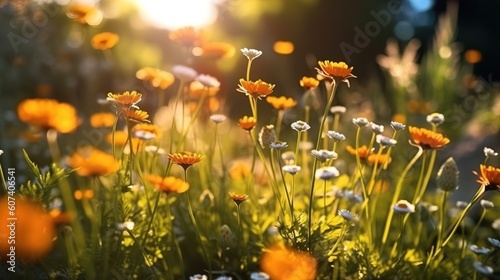Beautiful meadow flowers blooming in the garden. Generative AI © Irina