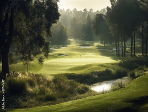 very beautiful golf course with dramatic natural light, generative ai