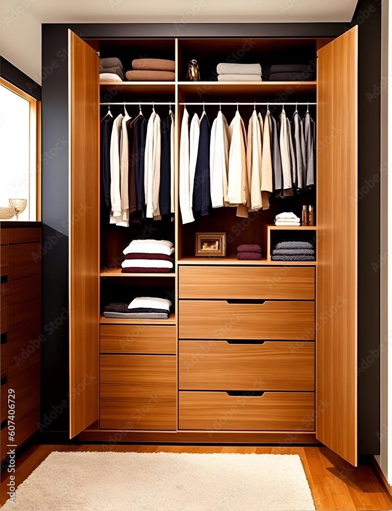Modern, luxury brown wooden built in, walk in closet wardrobe on carpet