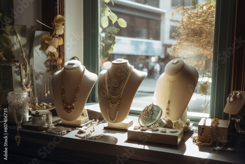 a jewelry display in a window with natural light, showing off the pieces, created with generative ai