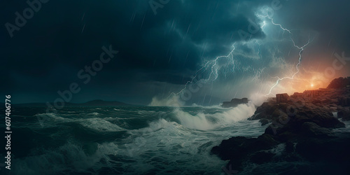 Huge epic storm under clif sea. Generative AI © Александр Марченко