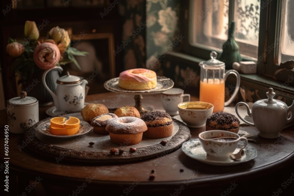 coffee break with pastries and mini cakes in vintage setting, created with generative ai