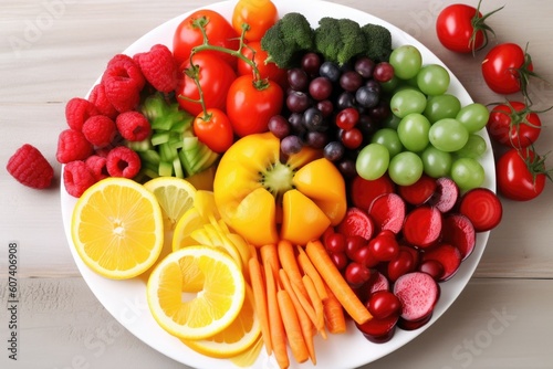 plate of fresh fruits and vegetables  with variety of colors  created with generative ai