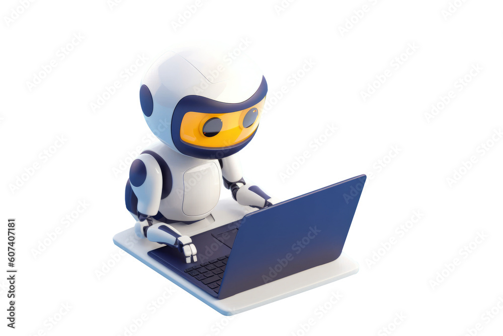 Obraz premium Isometric AI Robot by Computer, Transparent Background, Futuristic Business Illustration, AI Generative