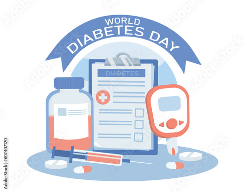 World diabetes day. International holiday and festival 14 November. Syrup and syringe with pills. High sugar and insulin levels. Health care and disease prevention. Cartoon flat vector illustration
