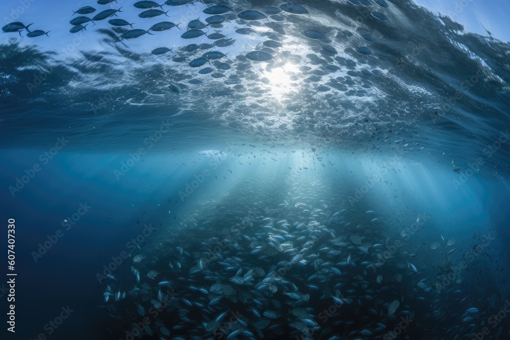 plastic bottle floats in the ocean, surrounded by schools of fish, created with generative ai