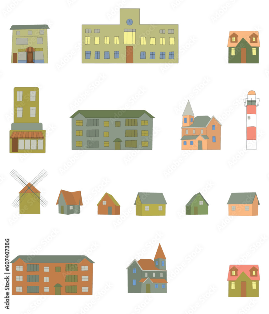 Naive city creator set for nursery map. Cute houses, trees and urban objects. Bundle of little town elements.