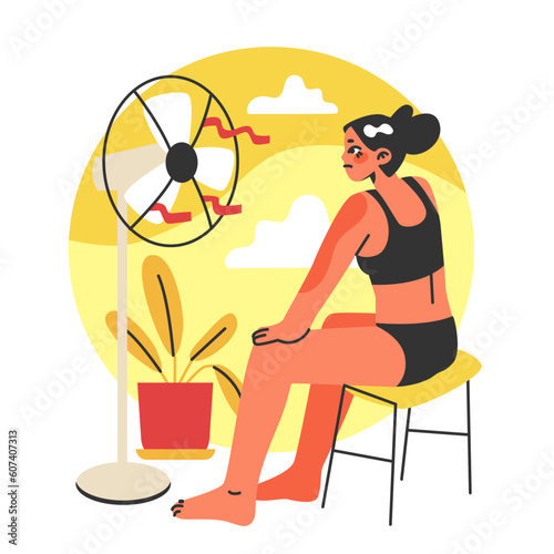 Heat wave. Female character suffering from heat. Global warming