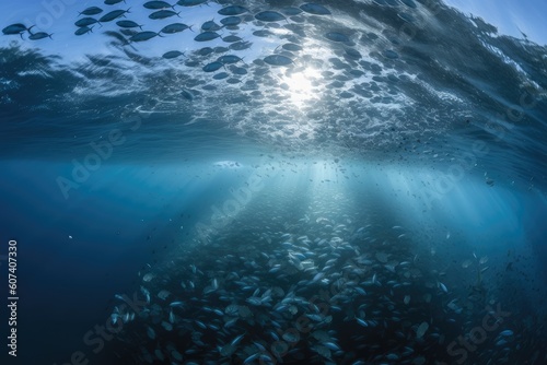 plastic bottle floats in the ocean  surrounded by schools of fish  created with generative ai