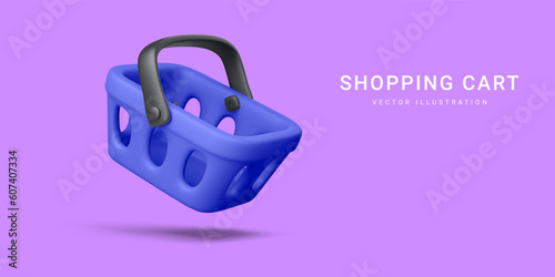 3d realistic blue plastic shopping cart isolated on light background. Vector illustration