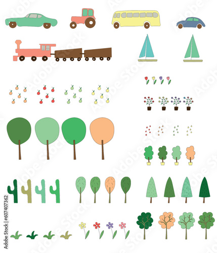 Naive city creator set for nursery map. Cute houses, trees and urban objects. Bundle of little town elements.