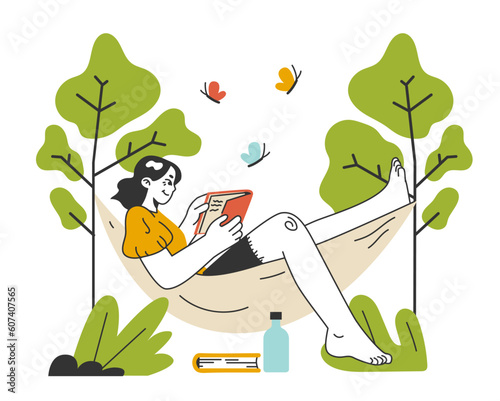 Slow traveling. Slow life principles and activity. Woman sitting in a hammock