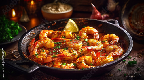 Fried or grilled shrimp with garlic, spices and oil