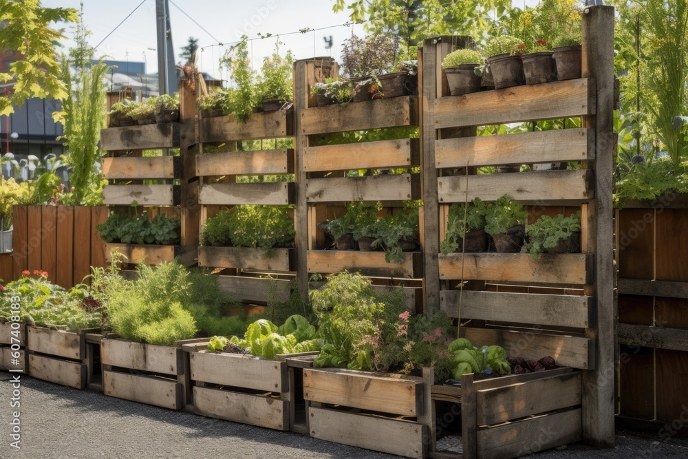 vertical garden in community garden, with vegetables and herbs growing, created with generative ai