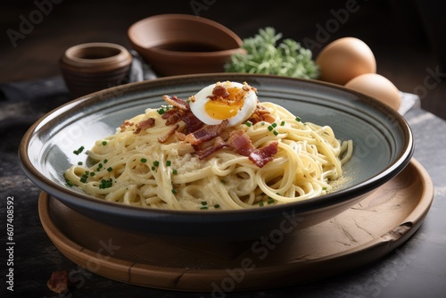 bowl of spaghetti carbonara with crispy bacon and eggs, created with generative ai