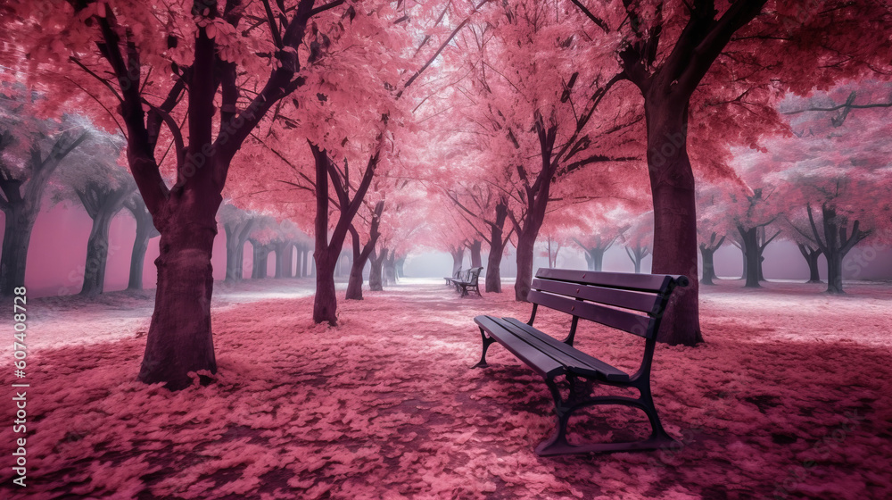 A park bench under some pink leaves surrounded by trees