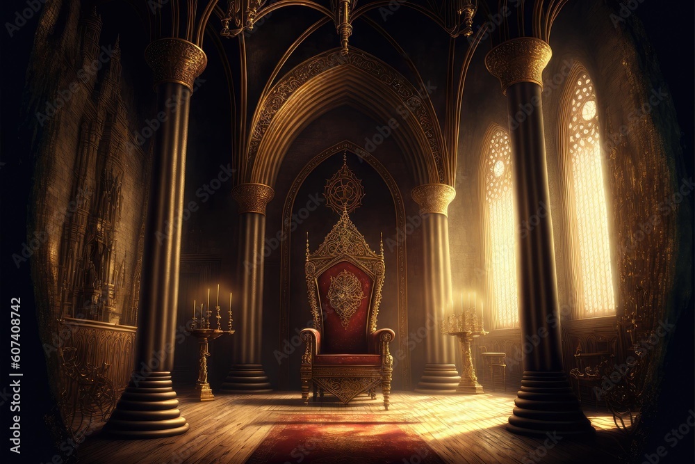 A golden filigree throne room in a medieval castle king sitting on the throne intricate designs the walls and ceiling, Generative AI AIG16. - obrazy, fototapety, plakaty 