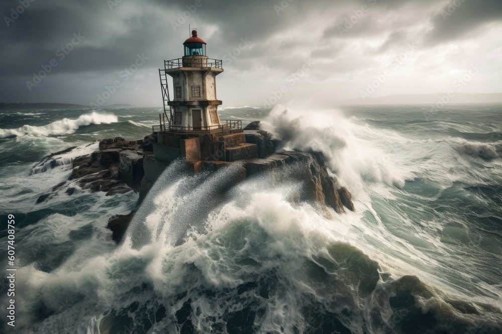 abandoned lighthouse, with waves crashing against the rocks below, in stormy weather, created with generative ai