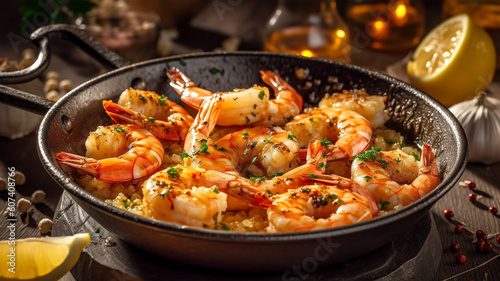 Fried or grilled shrimp with garlic, lemon, spices and oil