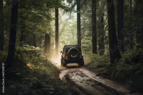 off-road vehicle speeding through wooded forest, surrounded by nature, created with generative ai