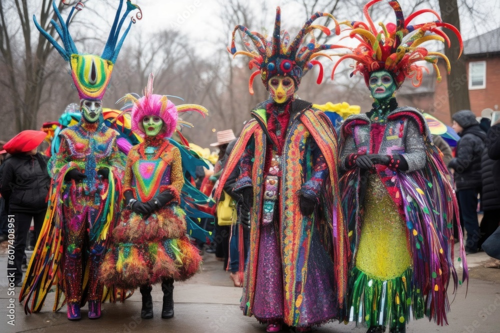 Obraz premium alien family members, dressed in colorful and elaborate costumes, dancing during holiday festival, created with generative ai