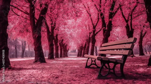 A park bench under some pink leaves surrounded by trees
