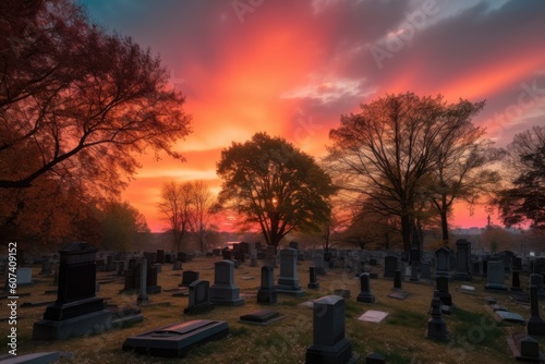 cemetery at sunset, with the sky turning pink and orange, created with generative ai