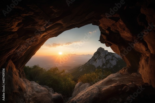 cave with view of the sunset over a mountain range  created with generative ai