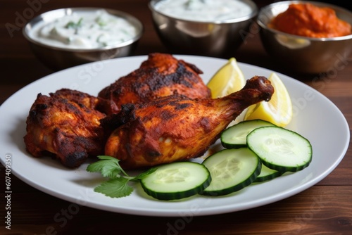 plate of spicy tandoori chicken with side of cool cucumber raita, created with generative ai