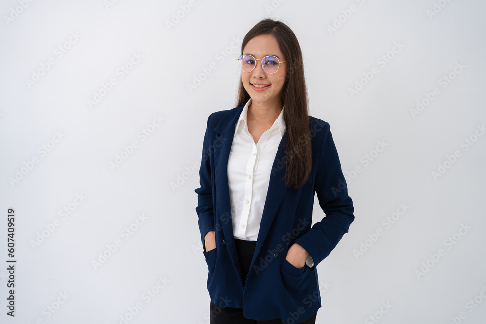 Portrait of smart and happy young thoughtful Asian business women think for new ideas on isolated white background. Concept of advertising marketing and product placement. Portrait of smart and happy young thoughtful Asian business women think for new ideas on isolated white background. Concept of advertising marketing and product placement.