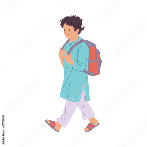 Smiling Indian kid boy going with backpack flat style, vector illustration
