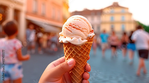 Child holds in one hand a large cone with delicious cold ice cream, front view. Generative AI
