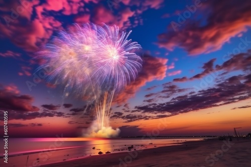 fireworks on the beach  sky  sea. fireworks over the river. Generative AI