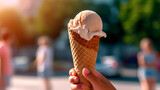 Child holds in one hand a large cone with delicious cold ice cream, front view. Generative AI