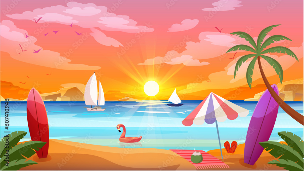 Vector Illustration Sunset on the Beach with Palm Trees