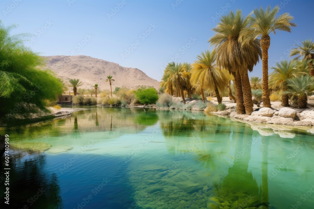 oasis with palm trees and crystal clear water surrounded by desert landscape, created with generative ai