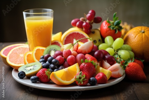 plate of colorful fruits and veggies  with a glass of juice in the background  created with generative ai