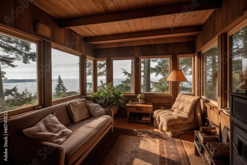 cozy cabin retreat with ocean views  private beach and sunset  created with generative ai