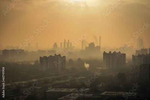 smoggy city skyline  with factory smoke and exhaust fumes in the distance  created with generative ai